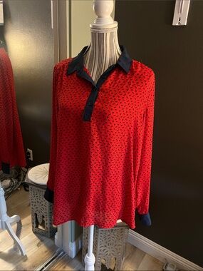 NWT. Free People, Medium, Red Horse Printed Blouse with Navy Trim